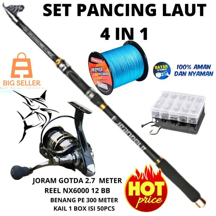 SET MANCING PANTAI LAUT 1SET 4IN1 JORAN PANJANG 270CM REL NX6000 12BB Alat Ikan 0