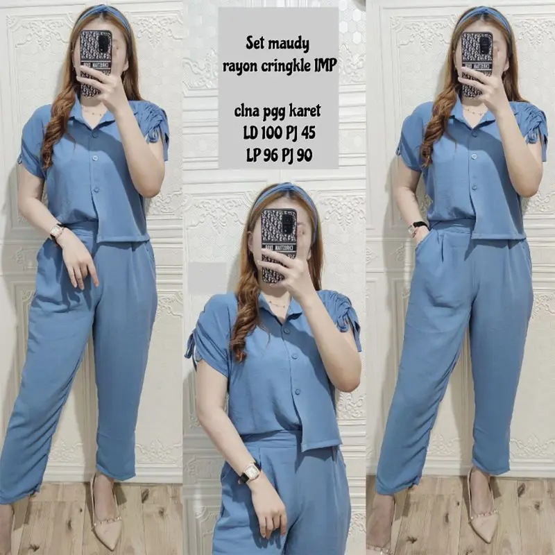 Oneset Kemeja Atasan Crop Wanita Setelan Katun Crinkle Tangan Serut Army 1