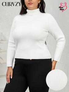 CURVZY Plus Size Solid Textured Turtle Neck Sweater, Casual Long Sleeve Jumper for Fall & Winter, Women's Clothing for Daily Wear