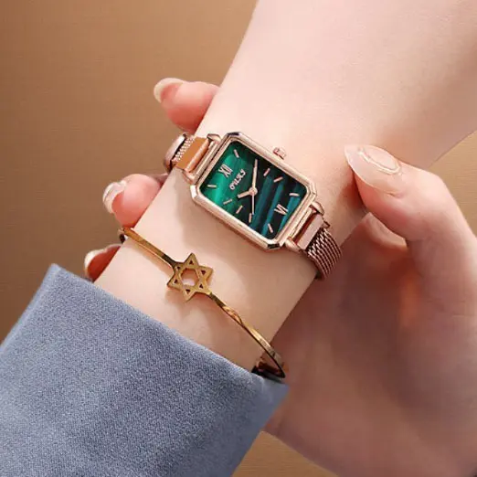 Women’s Rose Gold Square Watch Green Dial Luxury Mesh Band Elegant Waterproof Women Watches Fashion Square Ladies Quartz Watch Magnetic  main image 3