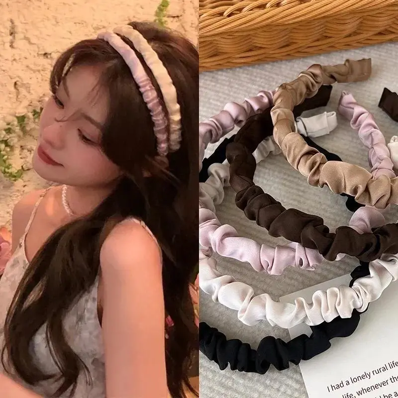 Fashion Satin Pleated Hair Hoops Hairband for Women Girl Headband Headdress Female Hair Styling Accessories Headwear Solid Color