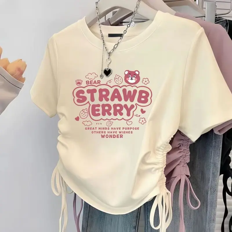 Áo Thun Ngắn Tay Thời Trang, Phong Cách Preppy Dễ Thương Và Gợi Cảm Trung Quốc Mới, Dáng Ôm, Áo Dây Rút Nữ, Dễ Phối Đồ, Phong Cách Ins, Thời Trang 3