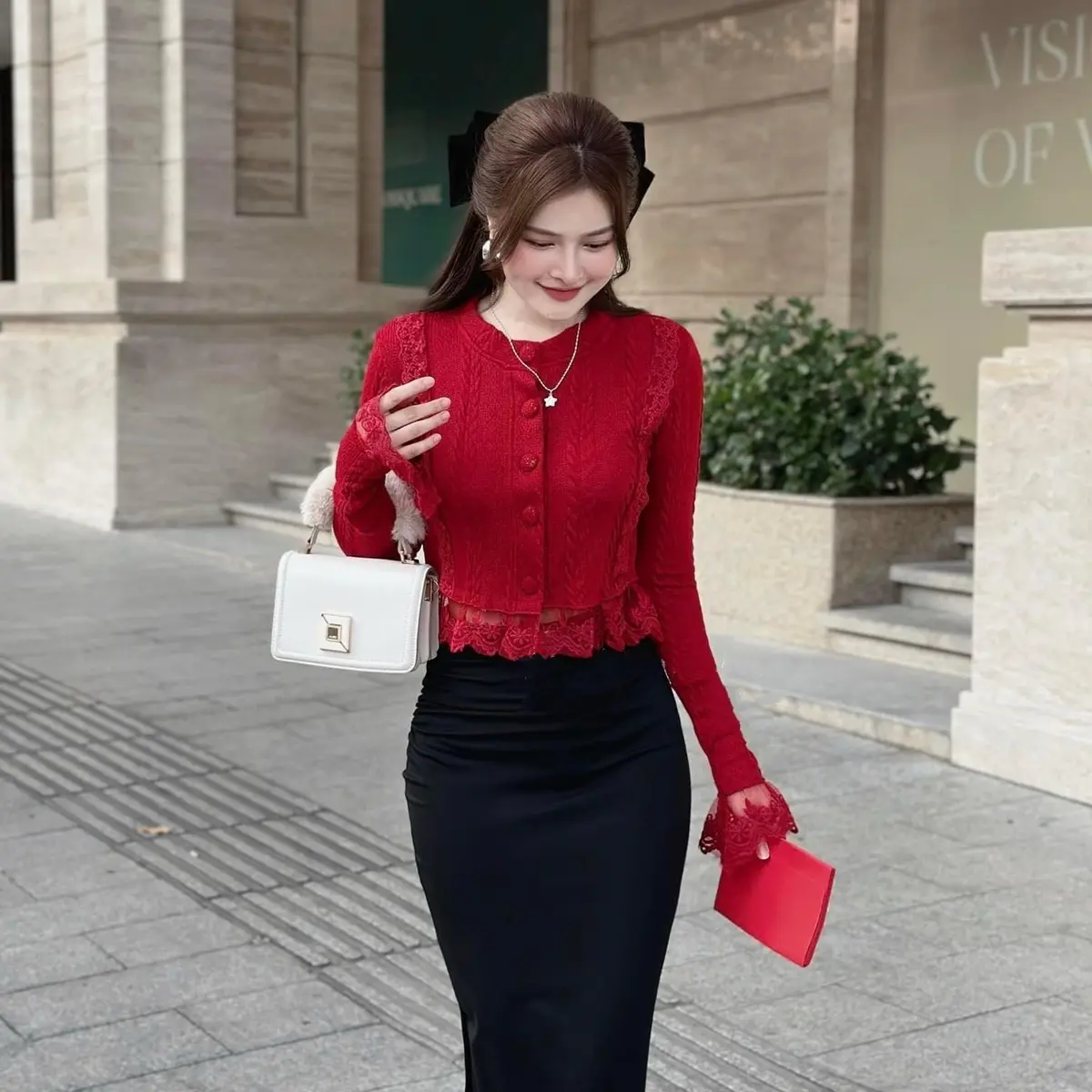 Sét áo len thừng mix chân váy đen umi nhún eo dày dặn