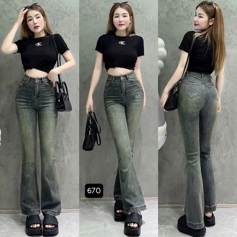 Quần jeans loe gấu to mài đùi màu sắc mới lạ thiết kế cá tính năng động Women Nữ jean ống dài