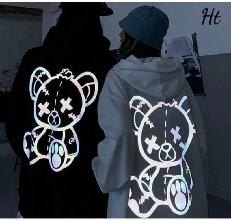 Áo khoác hoodie Nam Nữ chui Đầu in hình gấu phản quang chất nỉ cao cấp phong cách cặp Đôi dễ thương TP