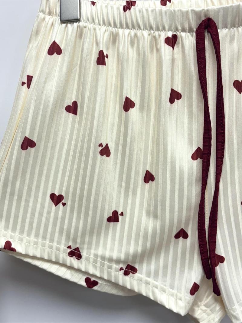 Product Introduction of Women's Plain Cami Top & Heart Print Shorts Pyjama Two-Piece Set, Casual Comfy Spaghetti Strap Camisole & Shorts PJ Set, Ladies Sleepwear for All Seasons 9