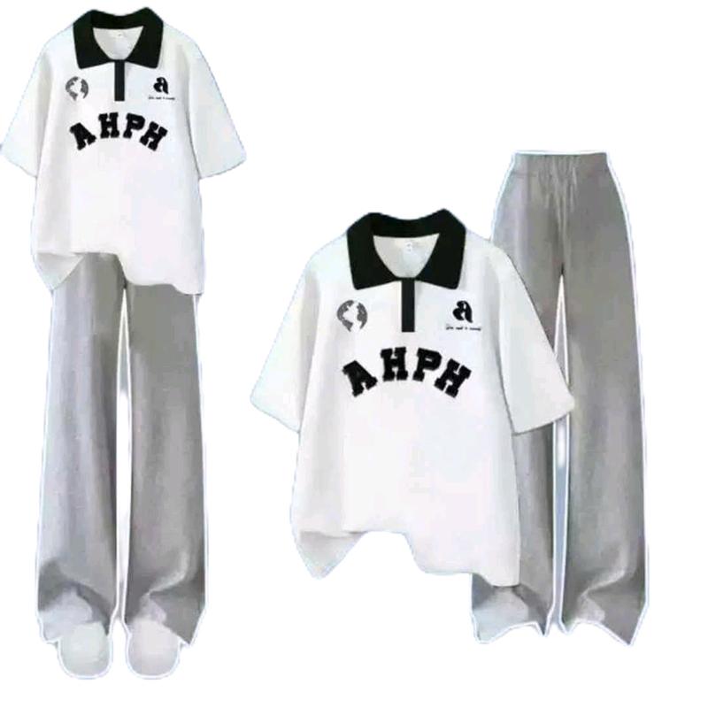 Sét Bộ Đồ Quần Ống Rộng Dây Rút Bản To + Mix Áo Thun Polo Phom Rộng Tay Lỡ - Chữ AHPH - Nữ Women Cotton Top Nhung Ong Jacket Shirt - Cổ Tròn 0