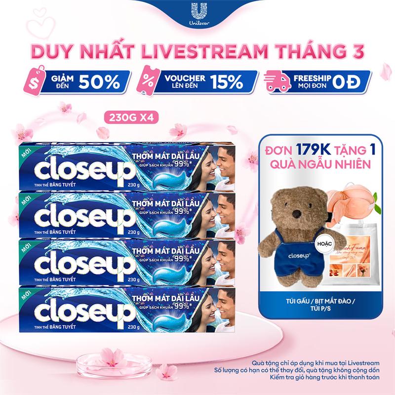 KOL Live 2 Combo 4 Kem đánh răng Closeup thơm mát bất tận tinh thể băng tuyết 230g 2