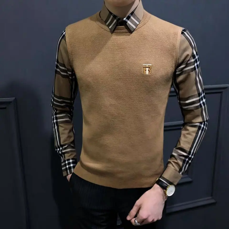 Baju dalam dua helai palsu untuk lelaki, baju kotak-kotak gaya Korea yang bergaya, kolar baju, baju sejuk Baju kasual, Musim Luruh dan Musim Sejuk