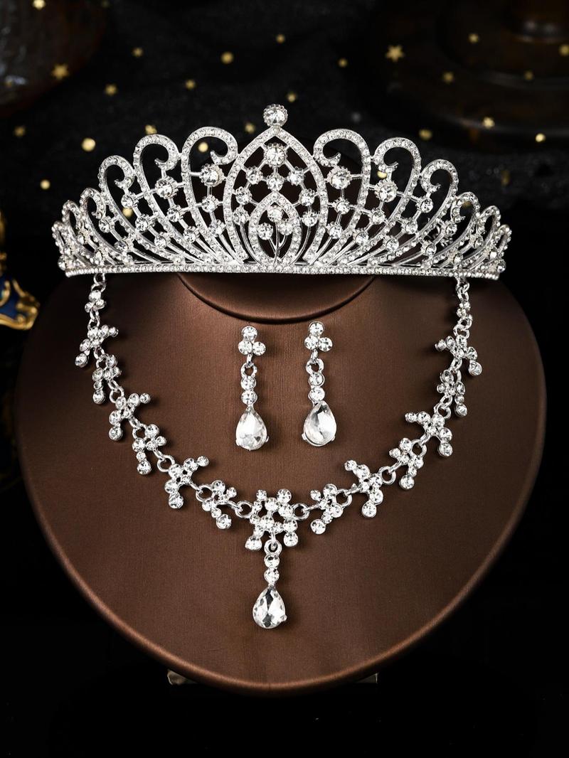 Product Introduction of Elegant Rhinestone Decorated Crown & Necklace & Dangle Earrings, Wedding Bridal Jewelry Set, Fashion Accessories for Party, Daily Clothing Decor 4