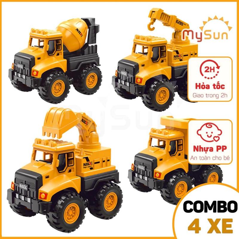 Bộ xe đồ chơi công trình cho bé trai mô hình Cần cẩu, Xe Ben, Xe Tải, Trộn bê tông – MySun Toy