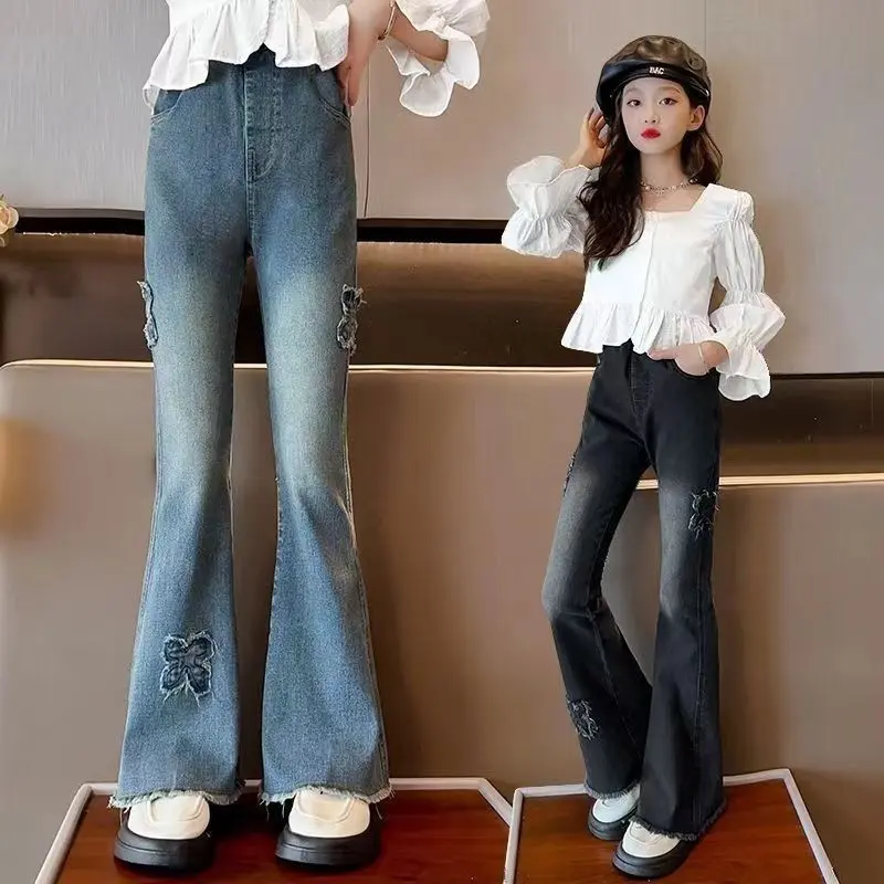 Quần Ống Loe, Cho Bé Gái, Phong Cách Mới, Xuân Thu 2024, Cỡ Lớn, Quần Jean Trẻ Em, Thời Trang, Ôm Vừa Vặn, Thích Hợp Cho Trẻ Em