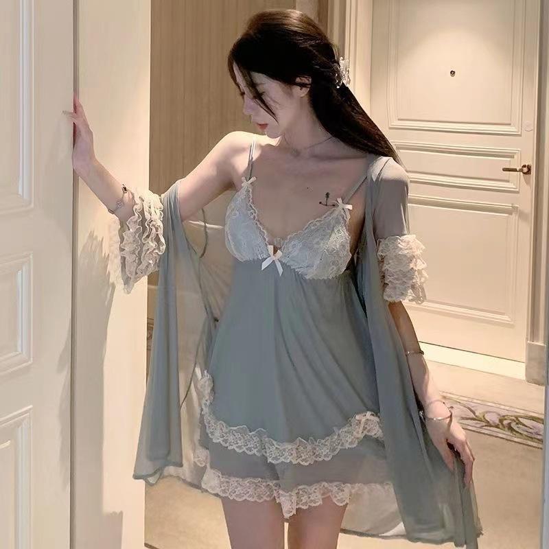 Product Introduction of Sweet Mesh Lace Deep V Plus Chest Pad Pure Desire Slip Nightdress Outerwear Gown Women's Loungewear Suit 1