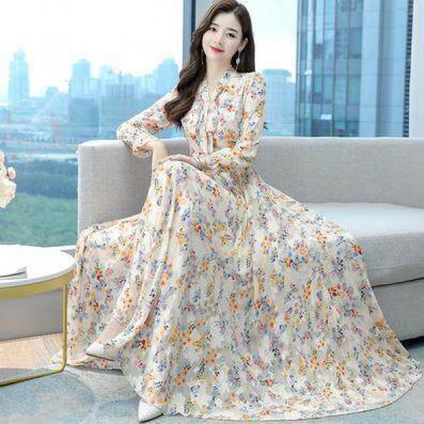 [Quần Áo Nữ] Váy Dài Voan Cổ Chữ V Cho Phụ Nữ Trung Niên, Mới 2