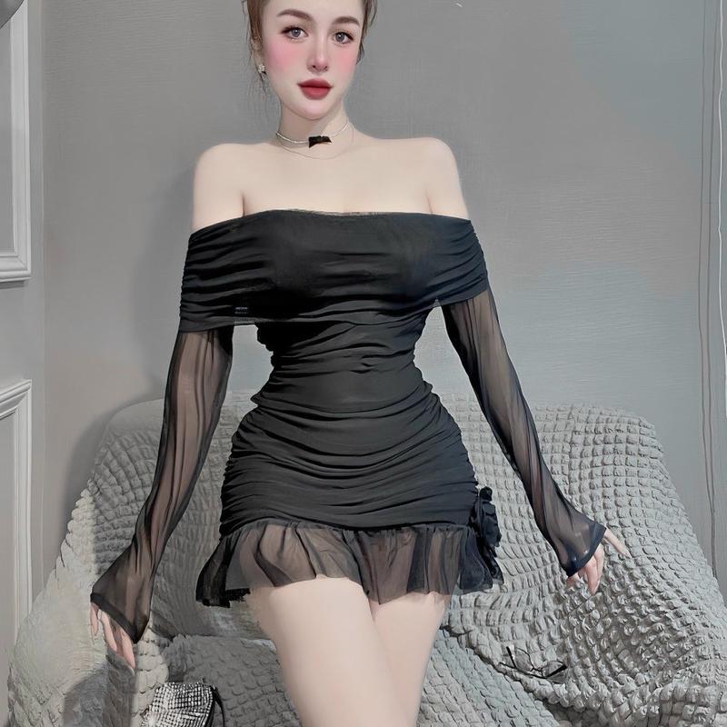 Đầm Body Thun Lưới Hoa Hồng Tay Dài Bẹt Trễ Vai Dáng Ngắn Nhún Thân Viền Bèo Nữ Dress Women Voan Màu Hồng   váy thường mặc đầm trắng áo đen