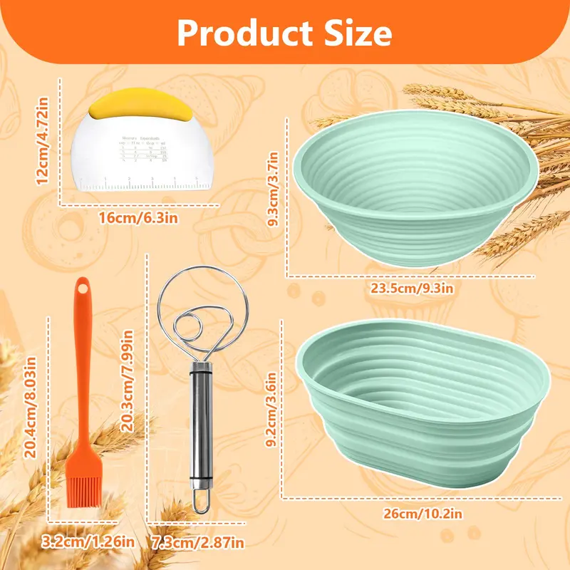 Silicone Bread Basket Set, 5 Counts/set Including Round & Oval Bread Basket & Baking Tools, Complete Set for Bread Making 6