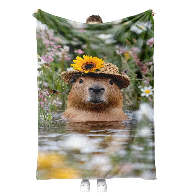 Sunflower Pattern Capybara Design Blanket, Soft Comfortable Throw Blanket, Cool Bedroom Bedding Blankets, Warm Napping Blanket for Home Office Travel Camping 0