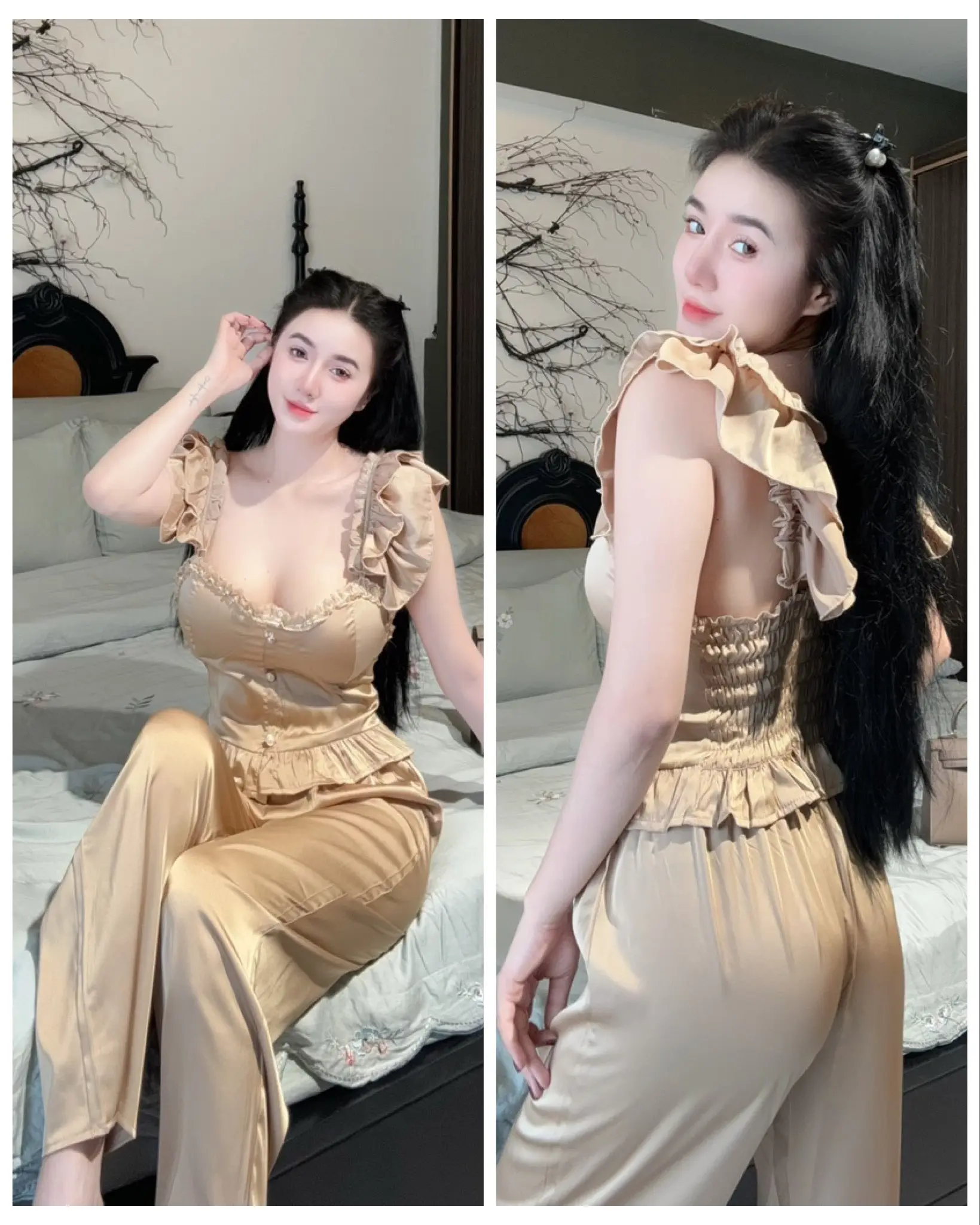 Đồ Bộ Nữ 2 Dây Cúp Ngực Bèo Vai - Chất Liệu Lụa Latin  - Free Size 40-58kg Women Quần Ngủ Women Quần Ngủ