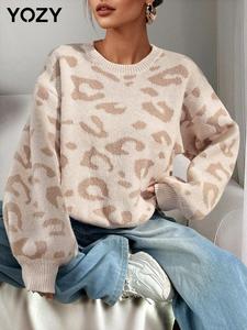 YOZY Women's Leopard Print Drop Shoulder Sweater, Casual Long Sleeve Round Neck Jumper for Fall & Winter, Fashion Ladies' Knitwear for Daily Wear