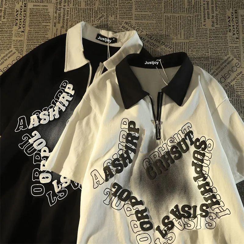 Product Introduction of [ 27k Favorites] American Retro Star Polo Collar Short Sleeve T-Shirt Unisex Loose Fit Hong Kong Style Vintage Half-Zip Couple Top 9