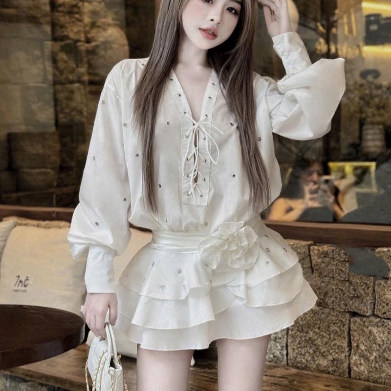 Jum tay dài đính lỗ chân váy xoè đan dây ngắn trên gối NQ204 Nữ