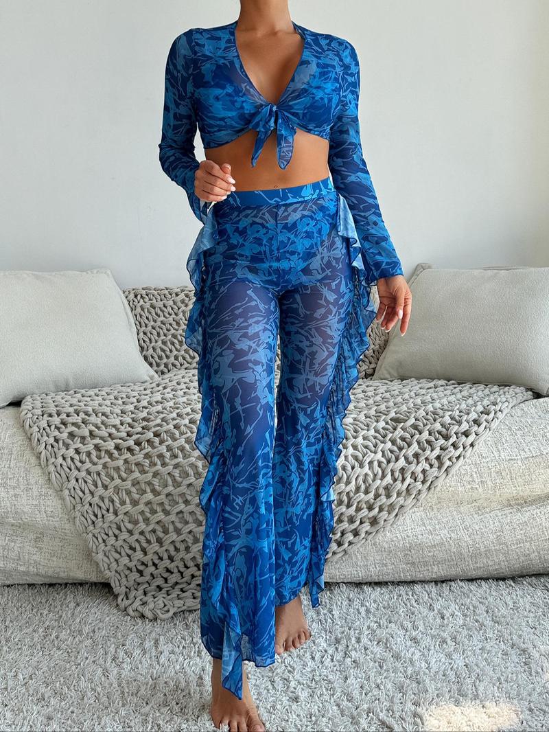 Product Introduction of Women's All Over Print Bikini Set, Casual Fashion Halter Neck Triangle Swim Bra & High Cut Swim Panty & Knot Front Crop Cover Up Outerwear & Ruffle Trim High Waist Pants Swimsuit Set, Ladies Swimwear for Beach Holiday Vacation 4