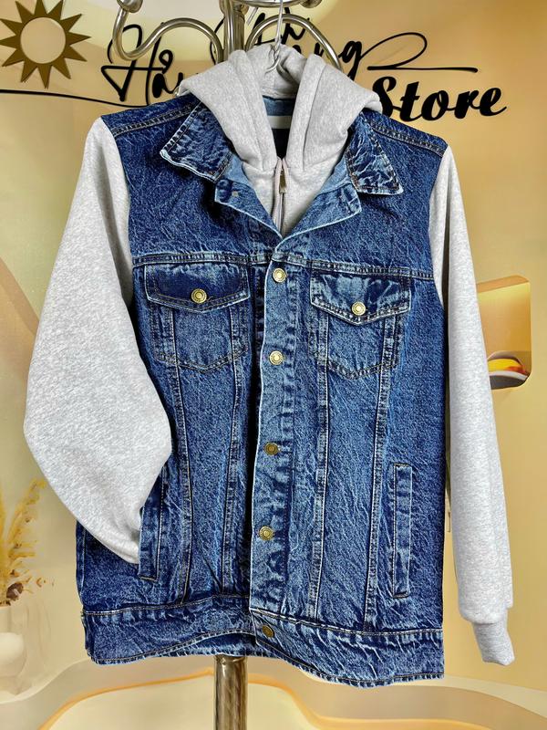 Áo khoác bò nam nữ phối mũ nỉ tay nỉ CE=LINN (35-80kg) - Phong cách trẻ trung năng động - Jacket, Menswear Kem aokhoac nam có thể giặt máy khóa kéo áo  bomber 0