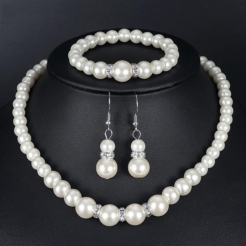 Product Introduction of White Beaded Jewelry Set for Women, Necklace, Earrings, Bracelet, Three-piece Set, Beautiful Wedding Accessories 0