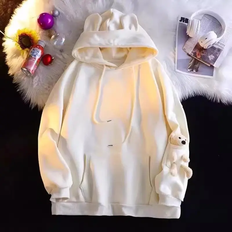Áo Hoodie Mỏng, Thêu Gấu Và Tai Thỏ Dễ Thương, Dành Cho Nữ, Thích Hợp Cho Mùa Xuân Và Mùa Thu, Ngoại Cỡ, Dáng Rộng Rãi Và Thường Ngày, Áo Khoác 8