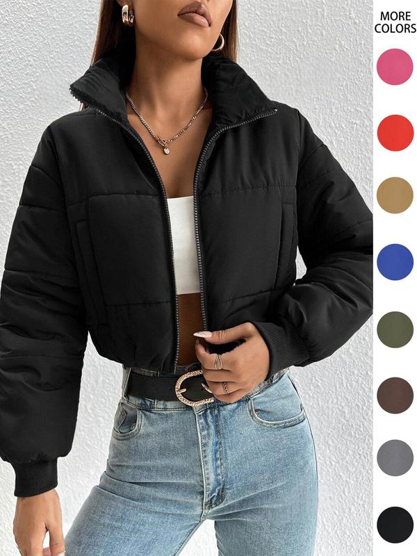 Women's Solid Zip Up Drop Shoulder Stand Collar Crop Puffer Jacket without Top, Coats for Women, Fashion Casual Mock Neck Zipper Short Coat, for Spring Fall Winter, Feminine Tops, Womens Tops 2