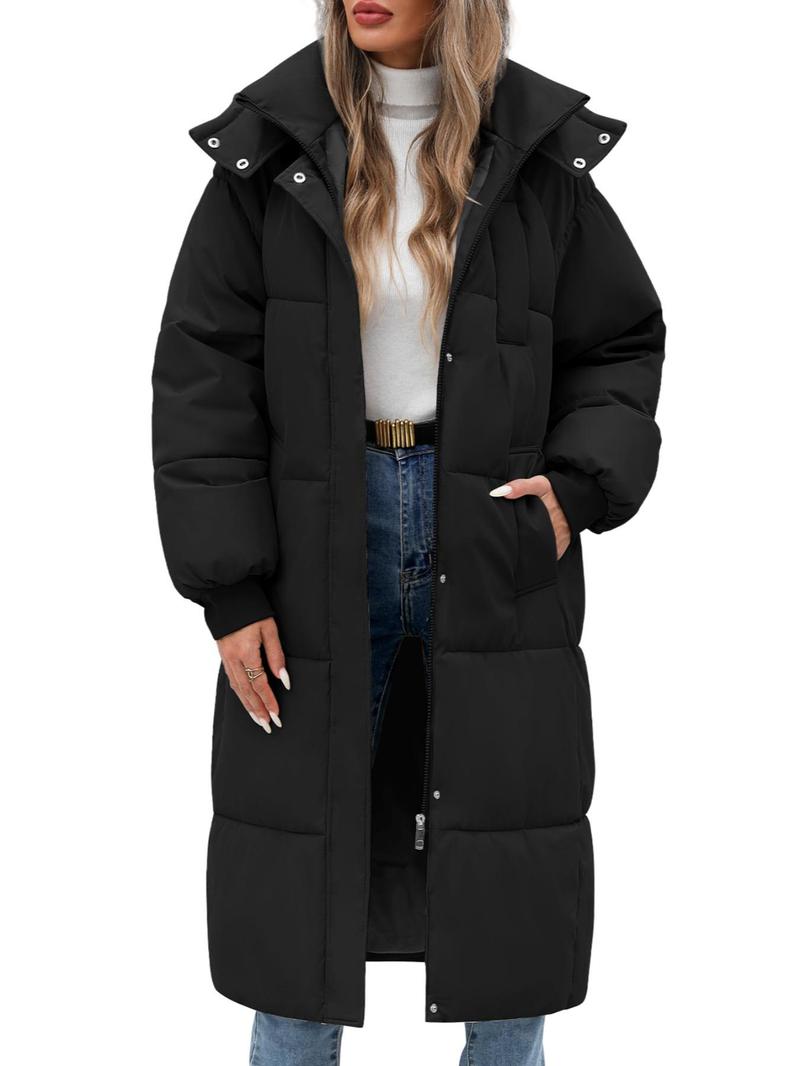 Product Introduction of Women's Solid Button Front Zipper  Hooded Longline Quilted Jacket, Casual Long Sleeve Pocket Design Outerwear for Fall & Winter, Women's Clothing for Daily Wear 2