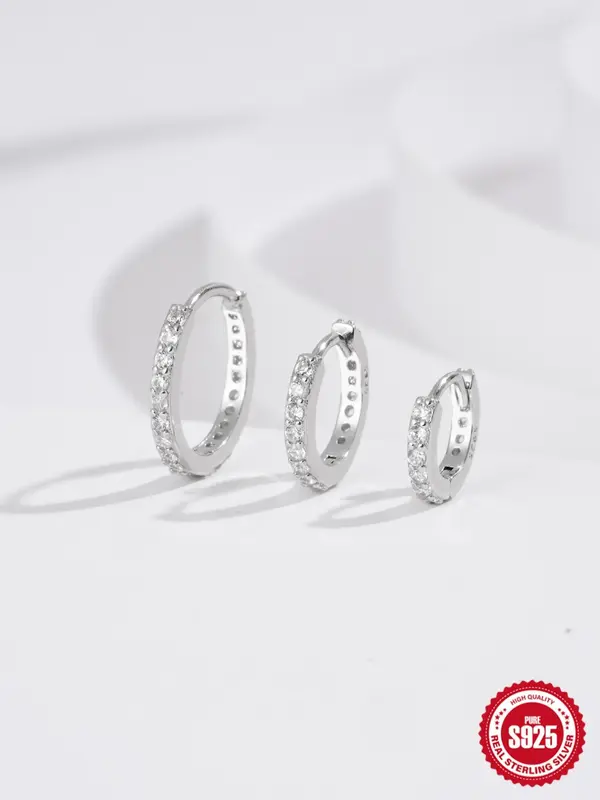 925 Sterling Silver Simple Rhinestone Decorated Earrings (3counts/set), Fashion Jewelry for Party, Daily Clothing Decor, Exquisite Jewelry for Birthday Gift 6
