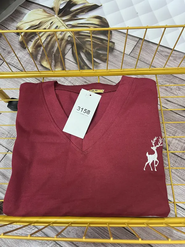 [Mua 3 áo tặng 1 áo] Áo Phông Cổ Tim thêu hươu Form Rộng Tay Lỡ Cotton Khô 1358 QC 7
