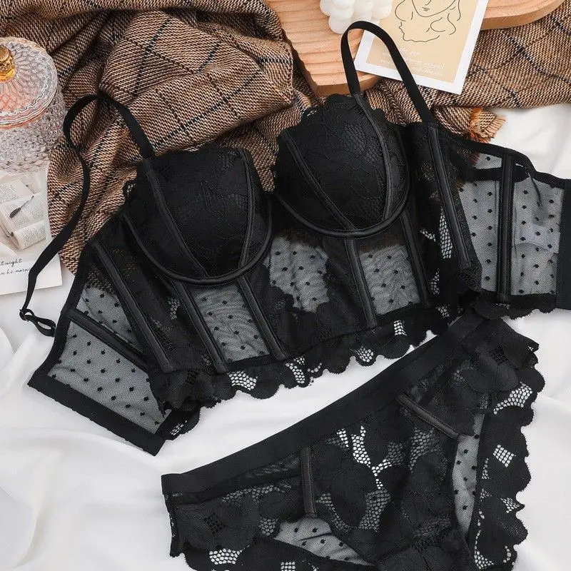 French Lace Long Push Up Bra Set Sexy Women Underwear Fish Bone Body Shaper Top Breathable Brassiere and Panties Set