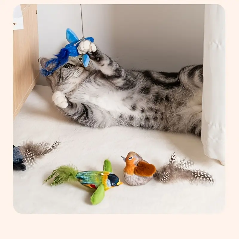 Interactive Simulation Sound Plush Bird Cat Toy, with Realistic Chirping, with Artificial Feather Synthetic Fiber Material and No Battery Required Cartoon Design Toy, Suitable for Indoor Cat Sports Interactive Bird Toy 2