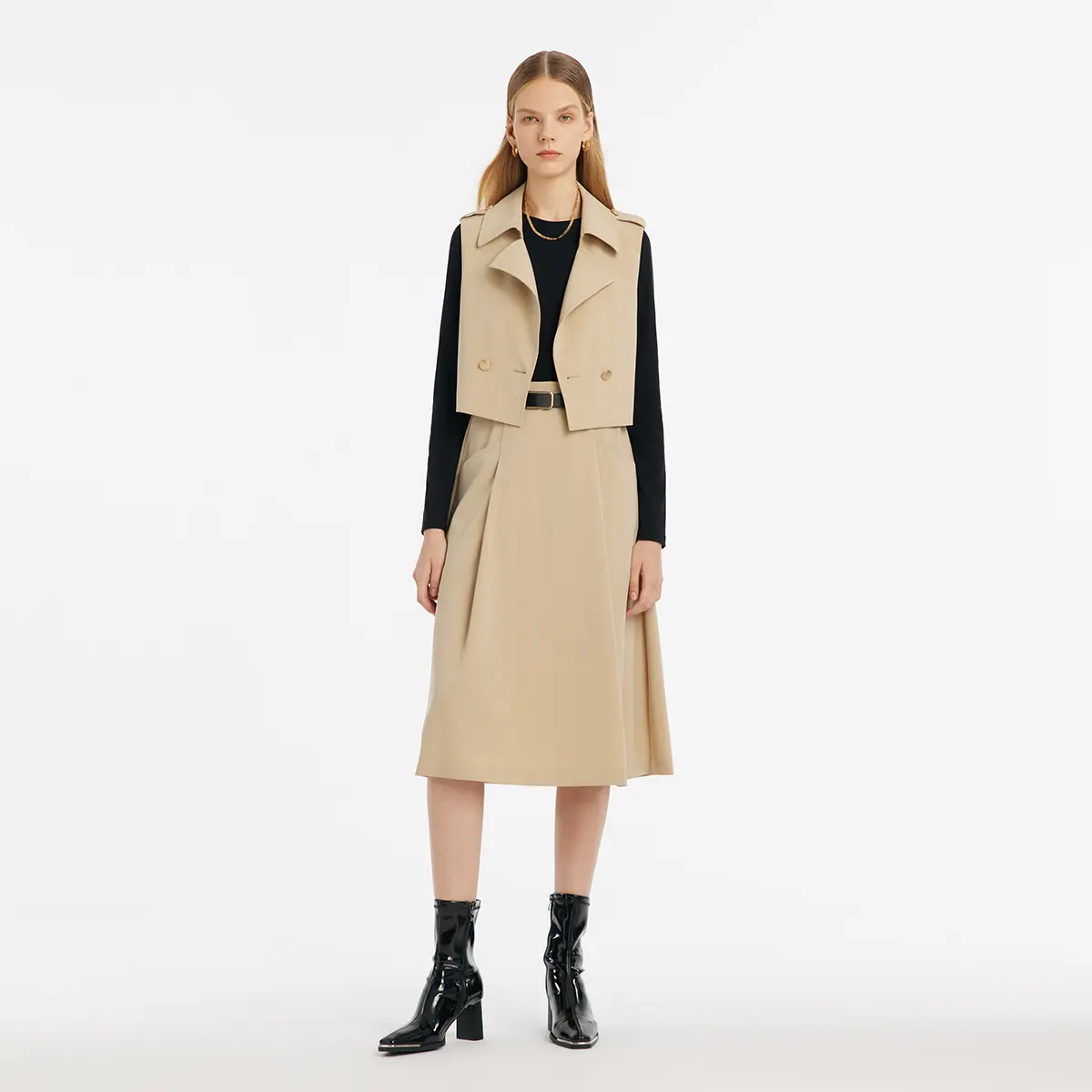 Patchwork Midi Dress And Vest Coat Two-Piece Set With Belt Fit Womenswear