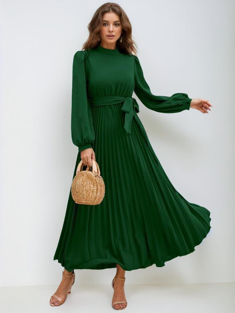 Product Introduction of Women's Solid Belted Pleated Dress, Elegant Bishop Sleeve Keyhole Back A Line Dress for Spring & Fall, Women's Clothing for Wedding Guest, Dresses for Women 1