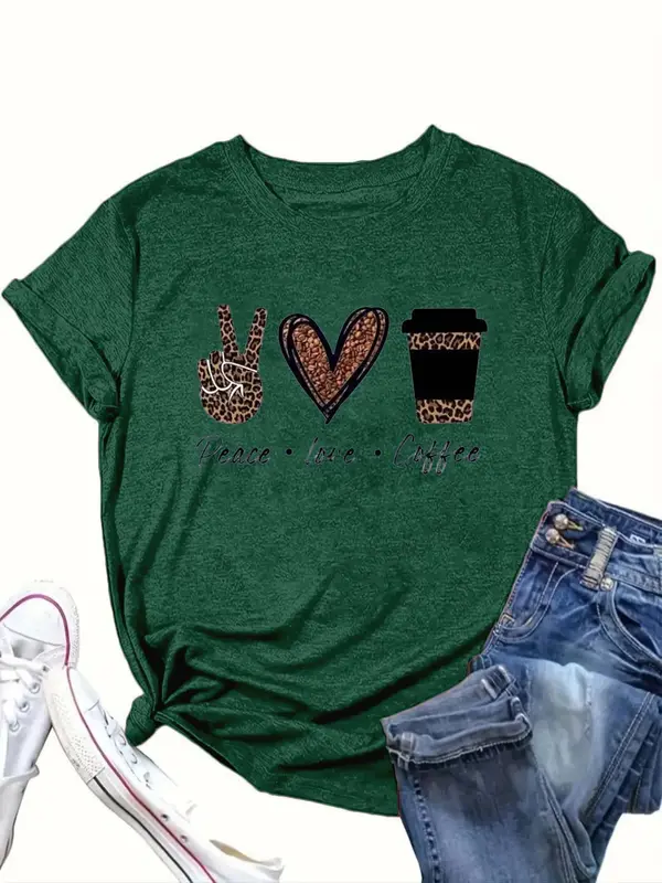 【Plus Size】 Cartoon Coffee Cup & Heart Print Round Neck Tee, Fashion Casual Crew Neck Short Sleeve T-Shirt for Daily Outdoor Wear, Women Clothing for Summer 1
