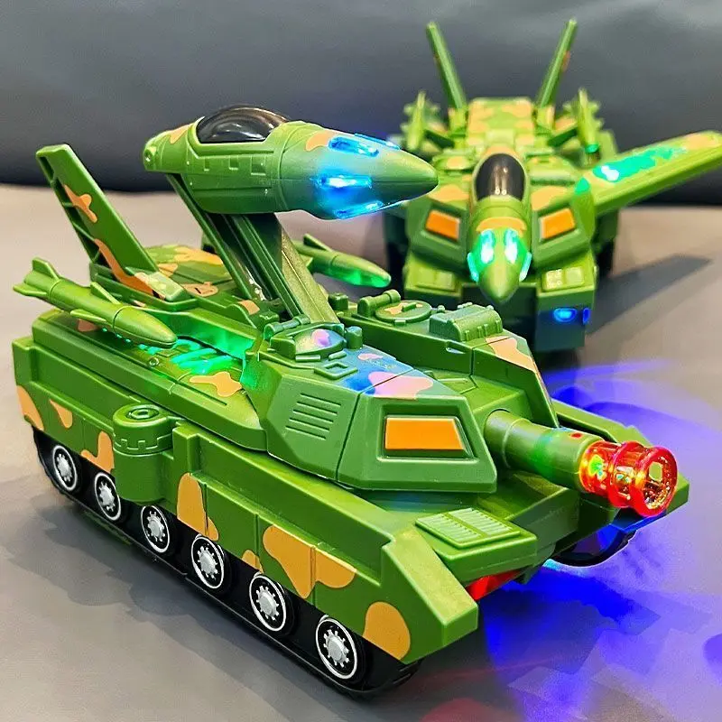 Children's Educational Automatic Deformation Tank Aircraft Universal Light Music Toy Baby 1-3 Years Old Boy Gift