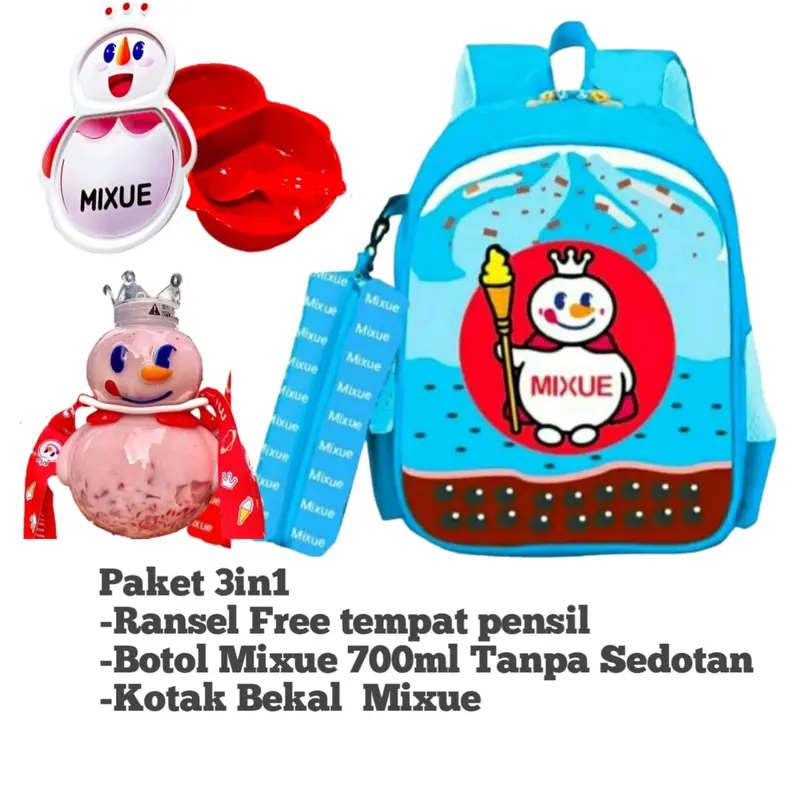 Paket Tas Ransel Anak Motif mixue + Botolo Mixue +lunch box/Kotak Bekal MIxue bisa COD Sd Fashion 5