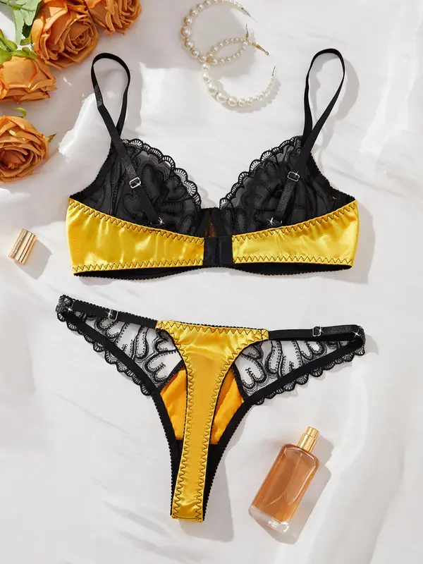 Women's Embroidery Underwire Bra & Panty Two-Piece Set, Sexy Comfy Breathable Lingerie Set for Daily Wear, Underwear Set for Women 1