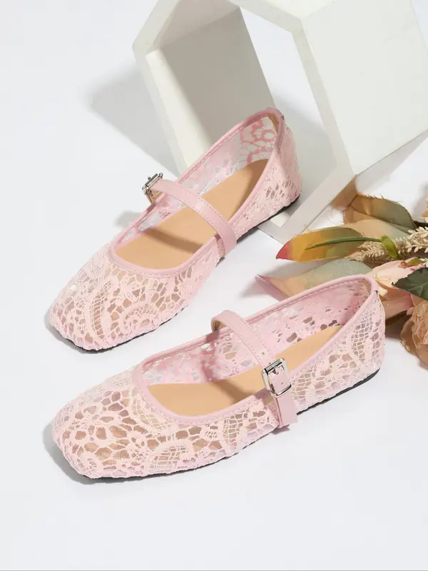 Women's Fashionable Lace Mary Jane Shoes, Casual Comfortable Breathable Flat Shoes for Summer, Female All-match Shoes for Daily Wear, Girl 3