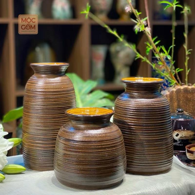  Set 3 bình cắm hoa gốm sứ Bát Tràng Men Nâu Mộc Châu Âu Vintage miệng loe 3 dáng 