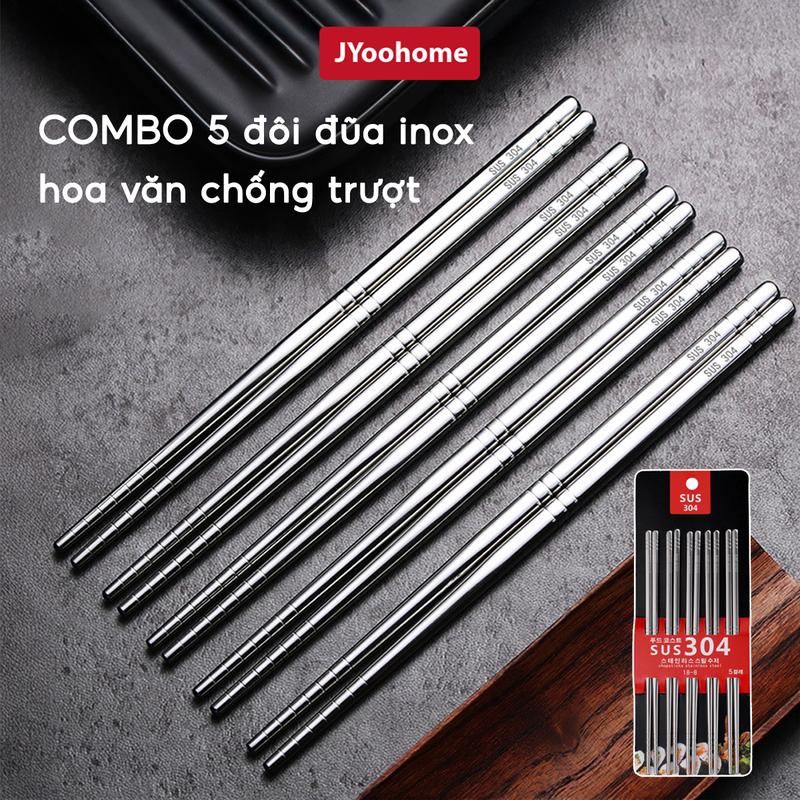 Đũa Inox 304 Kháng Khuẩn Chống Ẩm Mốc - Vỉ 5 Đôi Đũa Ăn Cơm Nhật Bản Chống Trơn Trượt JYoohome