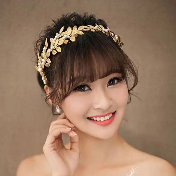KL READY STOCK Wedding Bride Golden Leaf Pearls Headband Tiara Wedding Party Hair Ornament