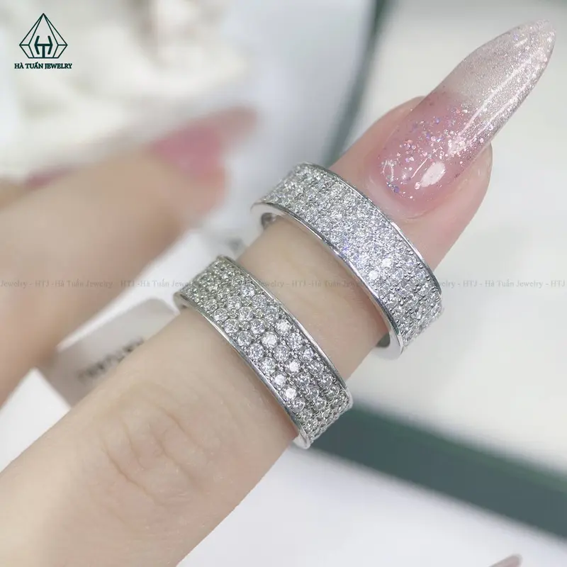 Nhẫn Bạc 925 Xi Kim 3 Hàng Tấm FULL MOISSANITE 1.5mm RX191 Hà Tuấn Jewelry 5