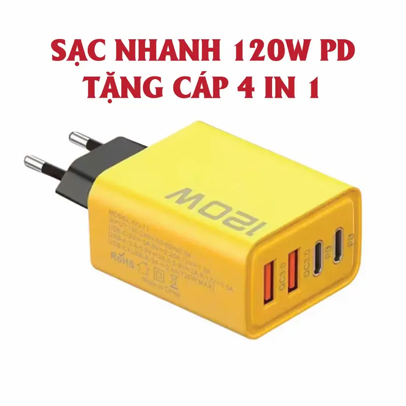 Củ sạc nhanh 4 cổng, 120W: 2 cổng Type C + 2 cổng USB – Tặng cáp sạc nhanh 4 in 1. Cốc sạc nhanh 120W, Phụ kiện điện thoại 2