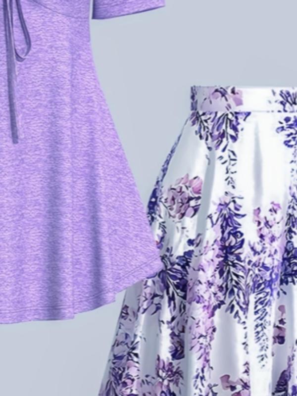 Plus Size Two-Piece Set Ruched Drawstring V Neck Tee & Floral Print Skirt Set, Summer Clothes, Short Sleeve T-shirt & Skirt Set, Co Ord Set Summer, Women's Two-piece Outfits 3