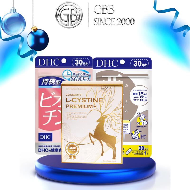 Combo uống L cystine Premium+ 60v Kẽm DHC 30v và Biotin DHC 30v hỗ trợ bổ sung dưỡng chất cho tóc da móng