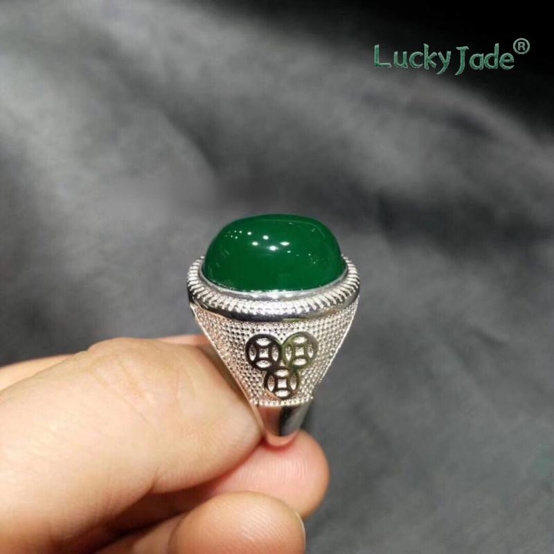 Product Introduction of [Lucky Jade] S925 Silver-Plated Inlaid Green Chalcedony Men's Rings High-End Gift 90